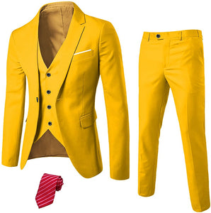 Exclusive Men's Coral Peach Slim Fit Tux with One Button, Jacket Vest Pants & Tie Set