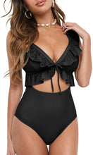 Load image into Gallery viewer, Flower Monokini Swimsuit Ruffle Cutout Tummy Control One Piece Swimwear