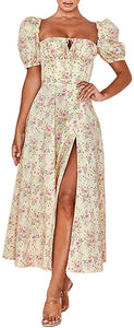 Good Better Dress Yellow  Elegant Floral Print Puff Sleeve Maxi Dress