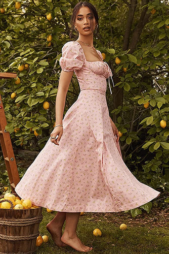 Good Better Dress Pink Elegant Floral Print Puff Sleeve Maxi Dress