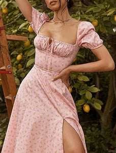 Good Better Dress Pink Elegant Floral Print Puff Sleeve Maxi Dress