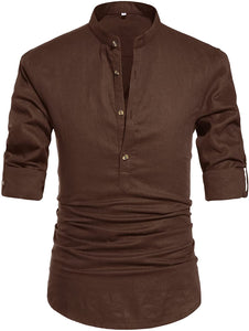 Men's Brown Long Sleeve Linen Button Up Shirt