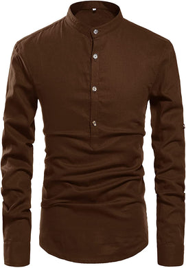 Men's Brown Long Sleeve Linen Button Up Shirt
