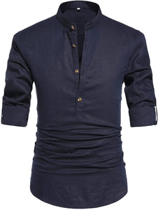 Men's Navy Blue Long Sleeve Linen Shirt