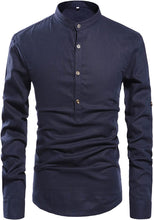 Load image into Gallery viewer, Men&#39;s Navy Blue Long Sleeve Linen Shirt