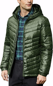 Men's Packable Black Insulated Warm Hooded Jacket Winter Coat