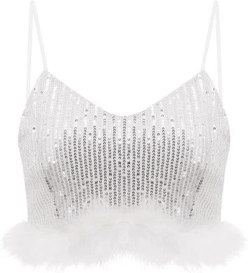 Passion Lea Silver Sequin Feather Crop Top Strapless Tank Tops
