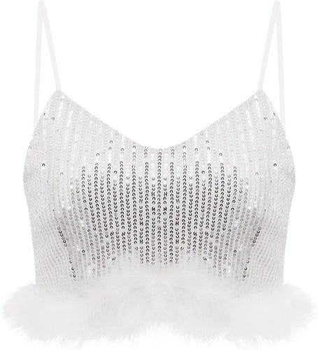 Passion Lea Silver Sequin Feather Crop Top Strapless Tank Tops