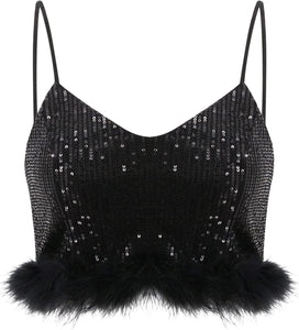 Passion Lea Black Sequin Feather Crop Top Strapless Tank Tops