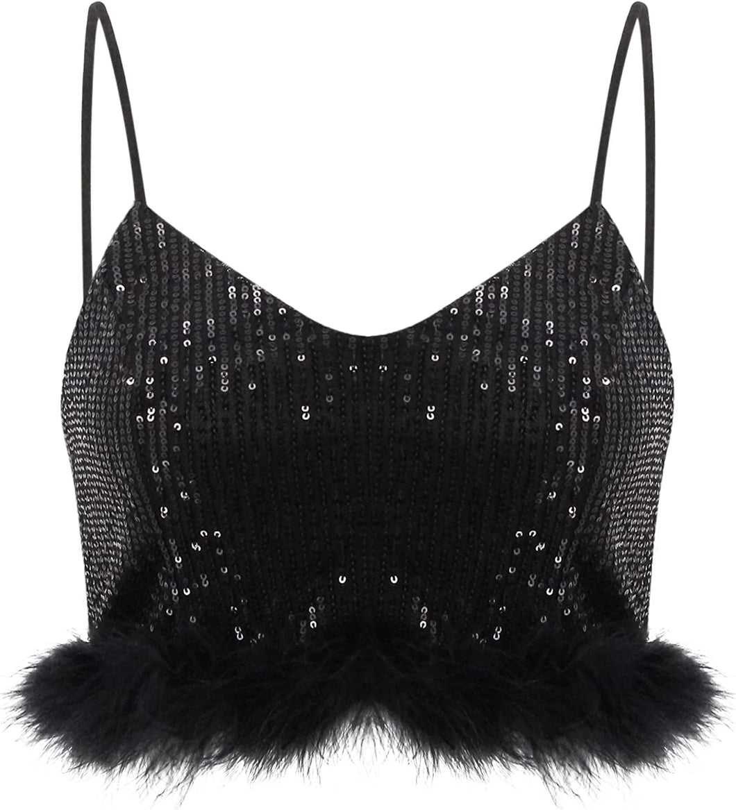Passion Lea Black Sequin Feather Crop Top Strapless Tank Tops
