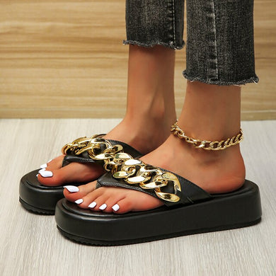 Vintage Metal Chain Black Platform Flip-Flops Summer Sandals