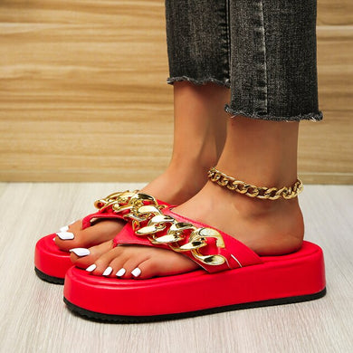 Vintage Metal Chain Red Platform Flip-Flops Summer Sandals