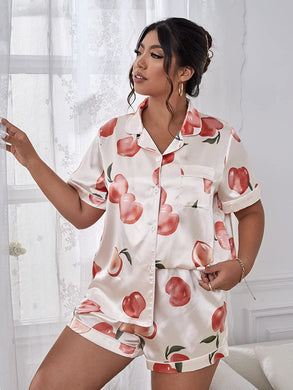 Plus Size White Peach Printed Satin Pajama Sleepwear
