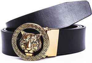 Luxurious Black Silver Tiger Buckle Cowhide Leather Belt