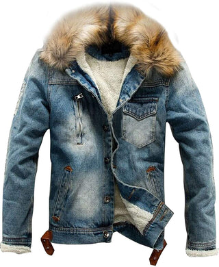Men's Faux Fur Collar Blue Sherpa Fleece Lined Distressed Denim Trucker Jacket