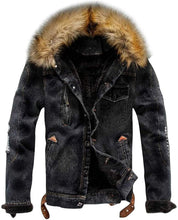 Load image into Gallery viewer, Men&#39;s Faux Fur Collar Classic Black Sherpa Fleece Lined Distressed Denim Trucker Jacket