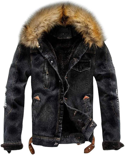 Men's Faux Fur Collar Black Sherpa Fleece Lined Distressed Denim Trucker Jacket