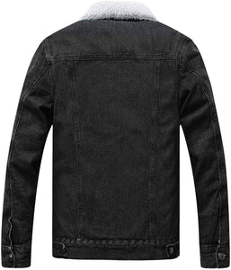 Men's Faux Fur Collar Classic Black Sherpa Fleece Lined Distressed Denim Trucker Jacket