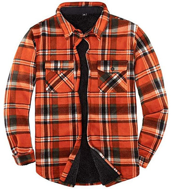 Men's Orange Plaid Warm Sherpa Lined Fleece Jacket