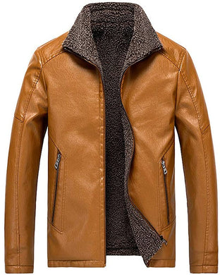 Men's Fleece Faux Leather Brown Long Sleeve Winter Jacket