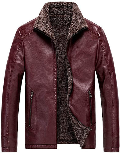 Men's Fleece Faux Leather Burgundy Red Long Sleeve Winter Jacket