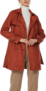 Women's Red Brown Notched Lapel Double Breasted Faux Suede Trench Coat Jacket with Belt