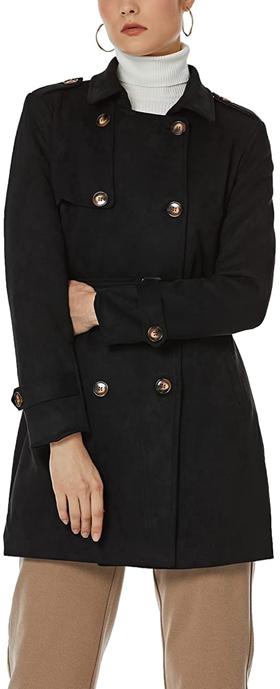 Women's Black Notched Lapel Double Breasted Faux Suede Trench Coat Jacket with Belt