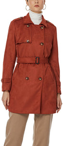 Women's Red Brown Notched Lapel Double Breasted Faux Suede Trench Coat Jacket with Belt