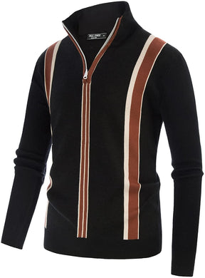 Stripes Knitted Black Turtleneck Zip Stand Collar Pullover Sweater