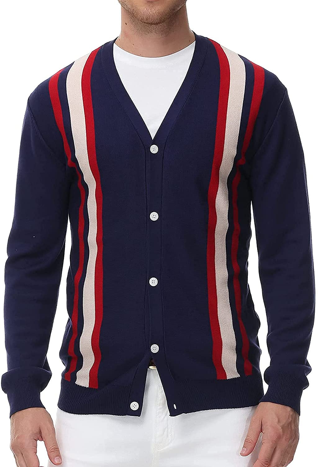 Men's Royal Blue Long Sleeve Vintage Stripes Cardigan Sweater Button Down V-Neck Knitwear