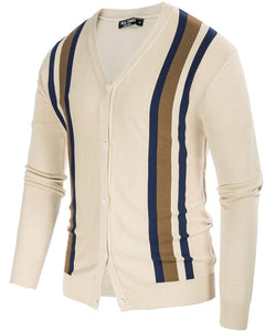 Men's Nude-long Sleeve Vintage Stripes Cardigan Sweater Button Down V-Neck Knitwear