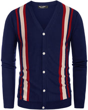 Load image into Gallery viewer, Men&#39;s Royal Blue Long Sleeve Vintage Stripes Cardigan Sweater Button Down V-Neck Knitwear