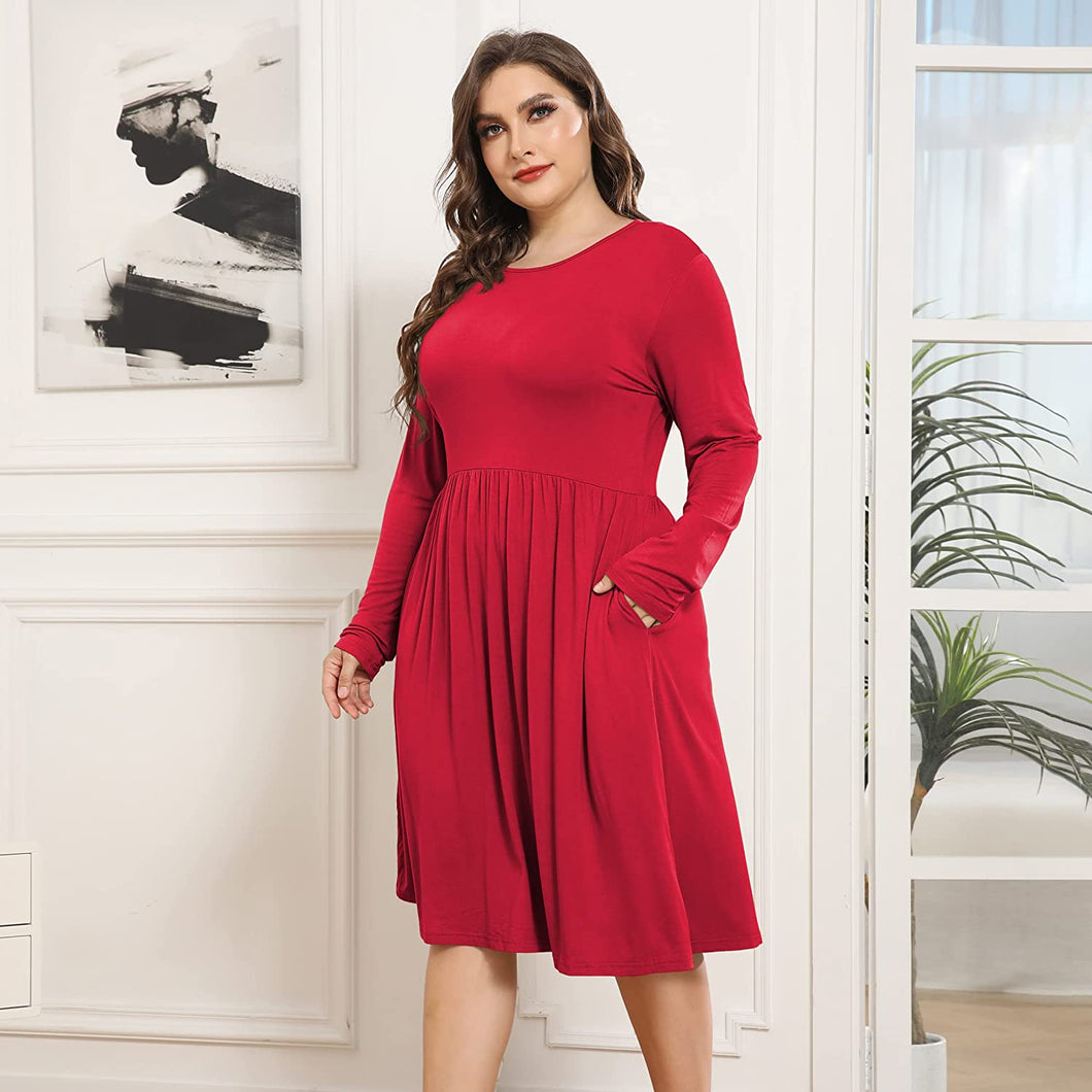 Kelsey Red Round Neck Long Sleeve Plus Size Dress