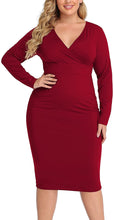 Load image into Gallery viewer, Plus Size Wine Red Silky Stretch Bodycon Wrap Midi Dress