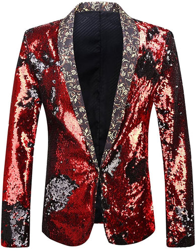 Men's Formal Red Sequined Long Sleeve Blazer Jacket