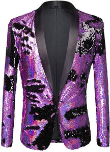 Men Purple Blue Stylish Two Color Conversion Shiny Sequins Blazer Suit Jacket