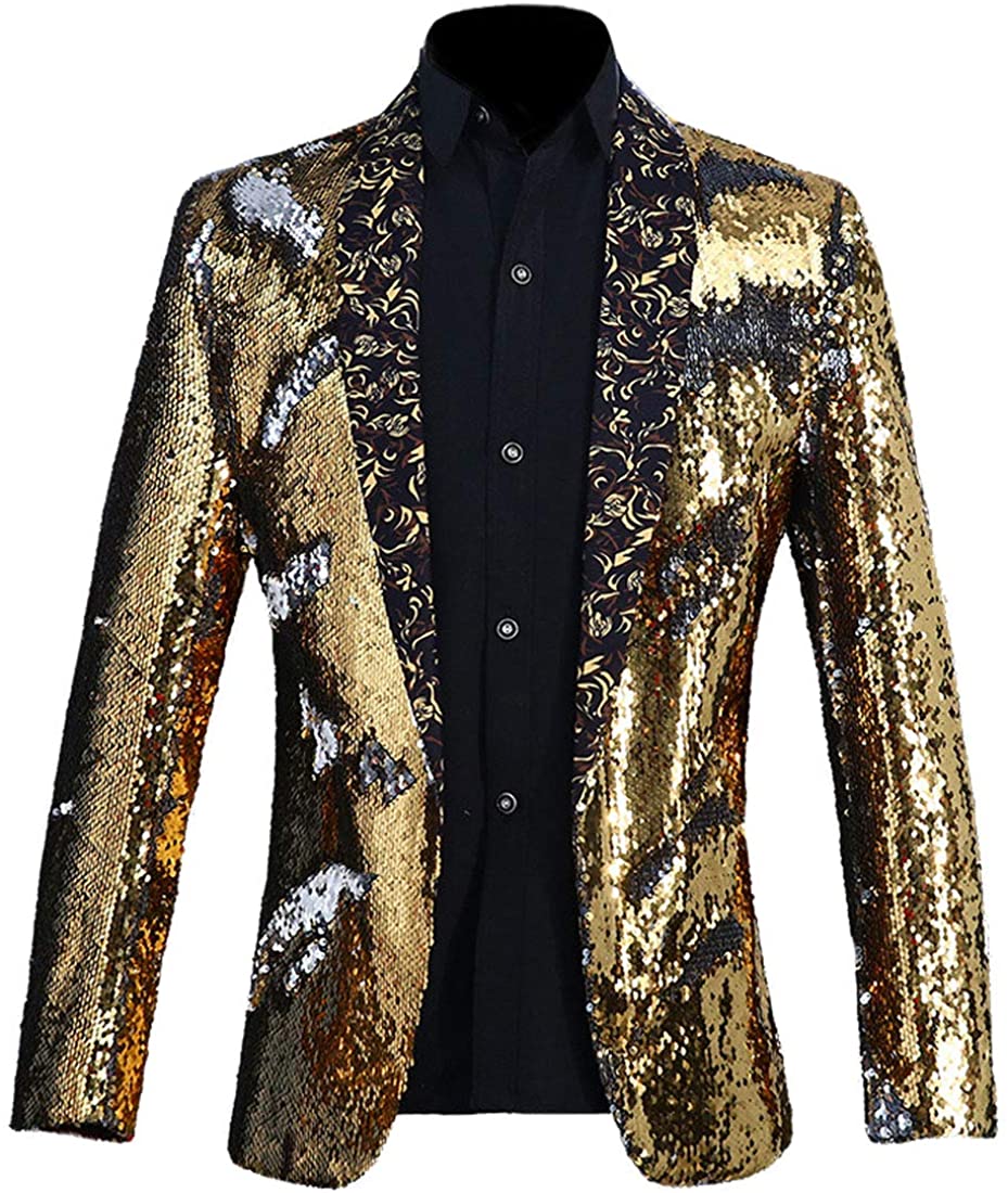Men Gold Stylish Shiny Sequins Long Sleeve Blazer Suit Jacket