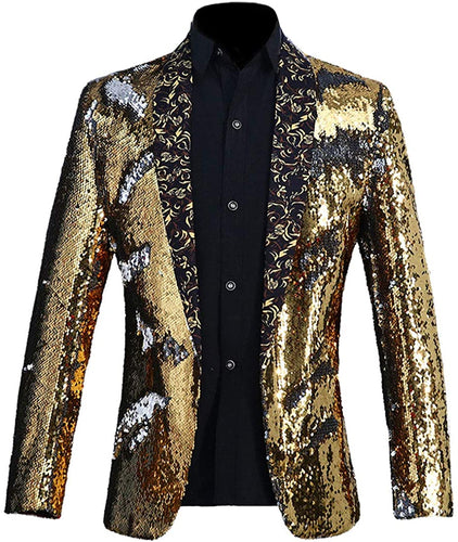 Men's Formal Gold w/Black Detail Sequined Long Sleeve Blazer Jacket