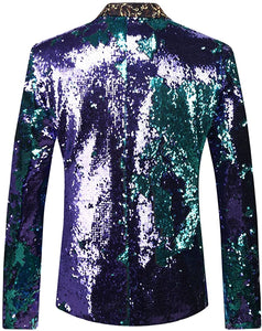 Men Purple Blue Stylish Two Color Conversion Shiny Sequins Blazer Suit Jacket