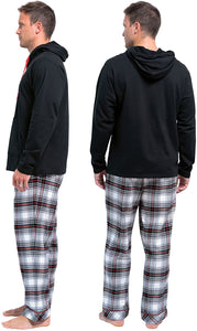 Men's Hoodie Black Plaid Pants Pajamas Set