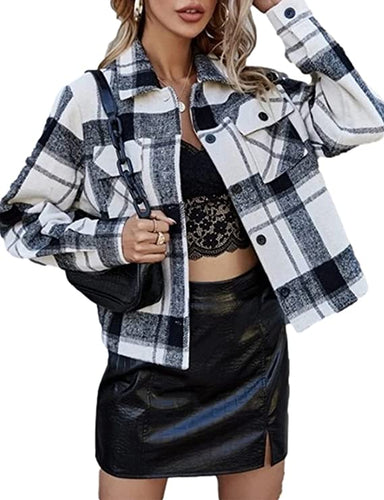 Fashion Cropped Flannel Plaid Shacket Long Sleeve Button Down Black Jacket