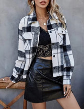 Load image into Gallery viewer, Fashion Cropped Flannel Plaid Shacket Long Sleeve Button Down Black Jacket