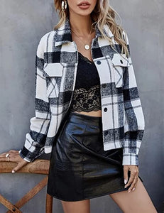 Fashion Cropped Flannel Plaid Shacket Long Sleeve Button Down Black Jacket