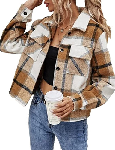 Fashion Cropped Flannel Plaid Shacket Long Sleeve Button Down Khaki Jacket