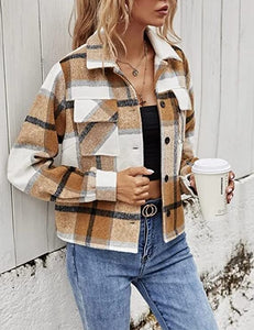 Fashion Cropped Flannel Plaid Shacket Long Sleeve Button Down Khaki Jacket