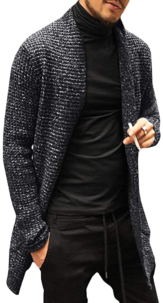 Men's Open Front Knitted Long Sleeve Shawl Collar Black Cardigan Sweater