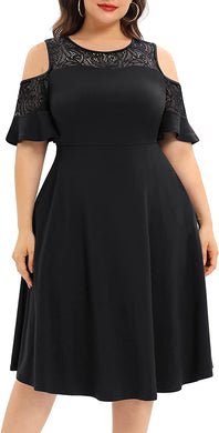 Sophisticated Calista Black Round Neck Ruffle Plus Size Dress