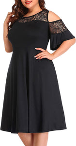 Sophisticated Calista Black Round Neck Ruffle Plus Size Dress