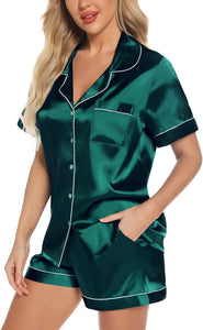 Women's Green Silk Satin Casual 2 Piece Button Down Sleepwear
