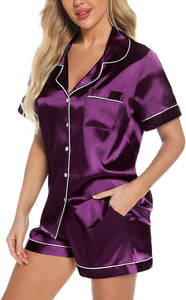 Women's Purple Silk Satin Casual 2 Piece Button Down Sleepwear